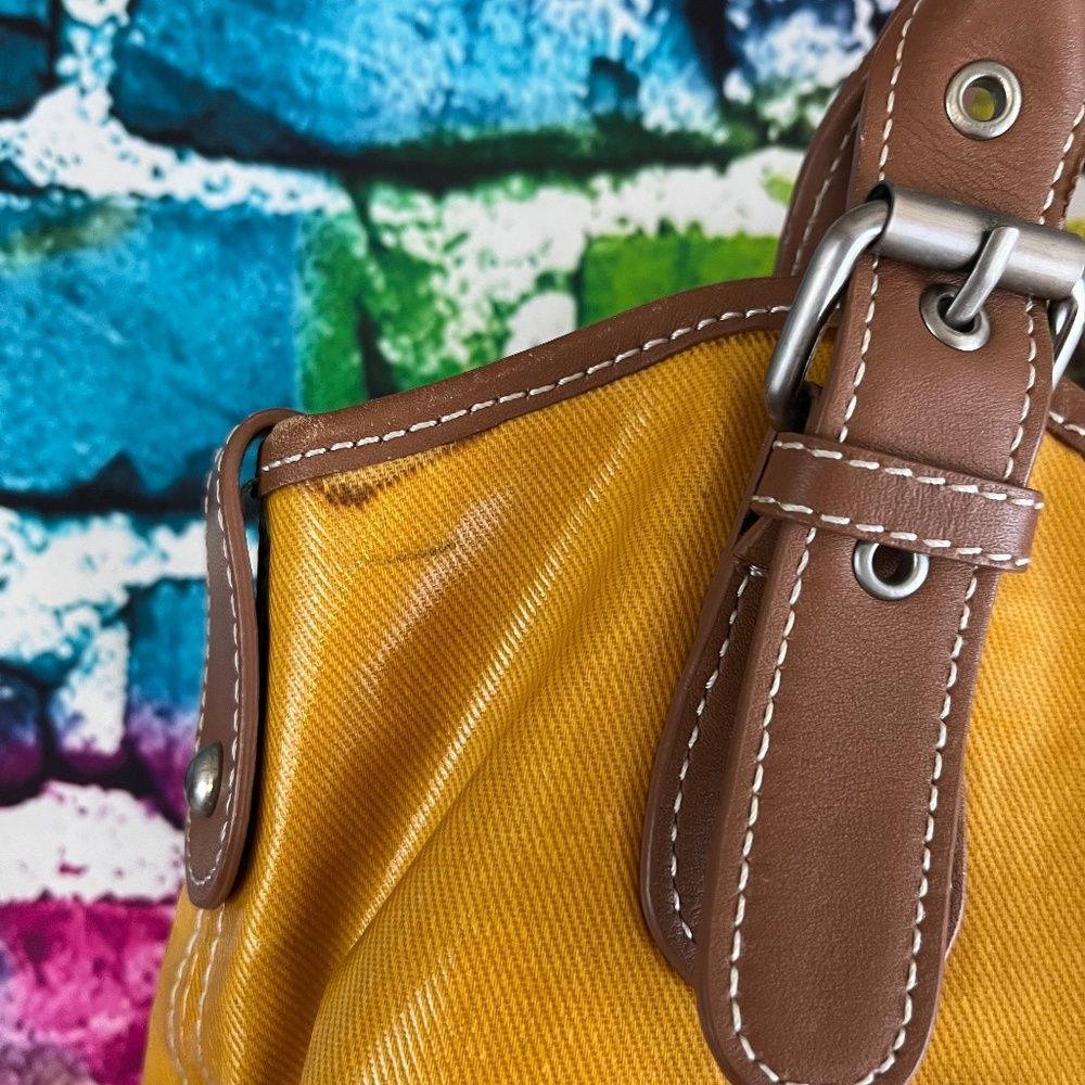Boden Mustard Coated Canvas Bag Tan Leather Trim Handbag Purse - Picture 8 of 9